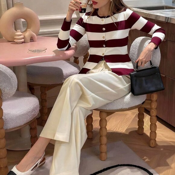 Burgundy Women's Casual French Style Fitted Cardigan - Picture 5 of 5